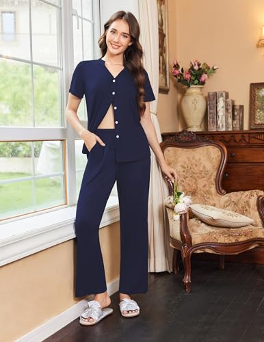 Ekouaer Women Pajamas Set Button Up Pj Sets Short Sleeve Sleepwear with Long Pants Soft Loungewear S-XXL2
