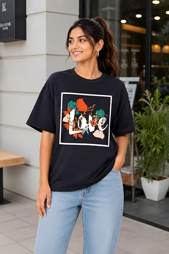 Image of Amazon Brand - Anarva Women Oversized Graphic Printed T Shirt 100% Cotton Drop Shoulder Loose Fit Baggy Casual Tshirt for Girls