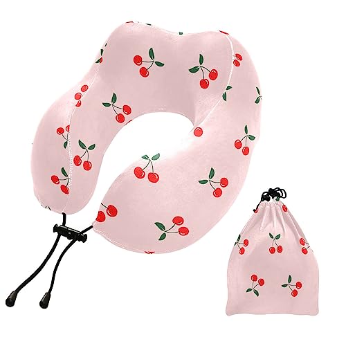 susiyo Travel Pillow Red Cherry Airplane Neck Pillow Premium Memory Foam Travel Neck Pillow Head Support Comfortable Flight Pillow with Storage Bag for Airplane, Car, Train, Office and Home