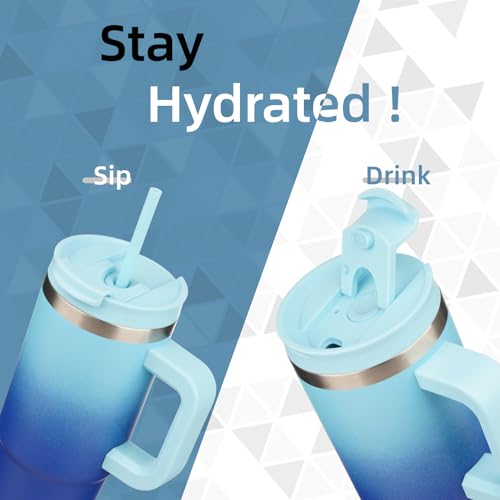 Image of Konokyo 40 oz Insulated Tumbler Water Bottle with Handle, Straw Lid | BPA-free and dishwasher safe; made for gym, travel, coffee and gifting, 2 straws, cup holder friendly,Sky