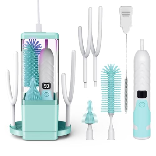 Image of Electric Bottle Brush Cleaner - 360°High-Speed Spinning Bristles, Rechargeable Baby Bottle Brush with Silicone Bottle, Nipple Brush, Straw Brush, 2 Drying Rack, UV sterilized, Green