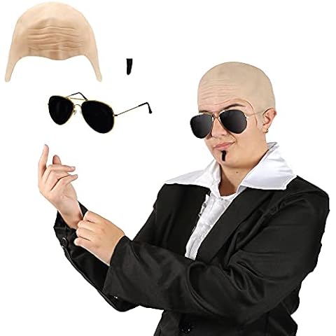 ADULTS MR WORLDWIDE ACCESSORY SET - BALD CAP + AVIATOR SUNGLASSES + BLACK SOULPATCH - MENS FAMOUS RAPPER FANCY DRESS Cover