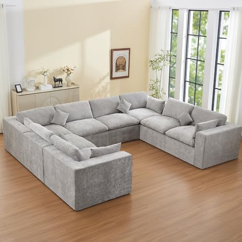 Image of 146''Cloud Boneless Sectional Couch, Modular Sectional Sofa Deep Seat, Oversized Upholstered Convertible Comfy 8 Seater Chenille Memory Foam Sofa U Shape Couches for Living Room, Light Grey