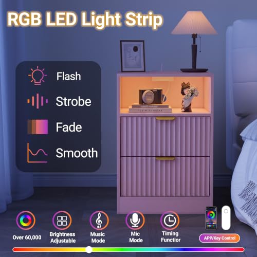 Image of Wodeer LED Nightstand with Charging Station, Fluted Nightstand Set of 2, Wood Nightstands with 2 Drawers & Metal Handles, Modern Bedside Table & End Tables, Farmhouse Night Stands for Bedroom, Pink