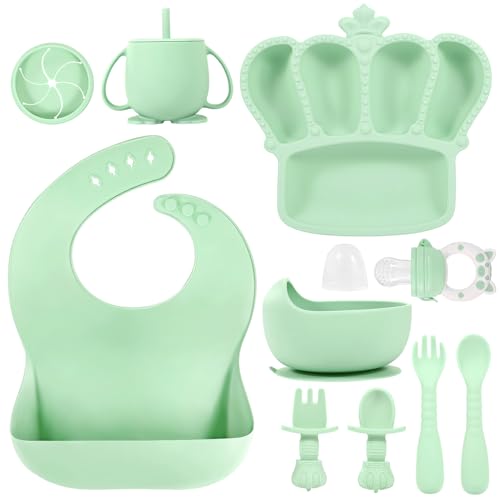 Image of Silicone Baby Feeding Set 10 Pcs Baby Led Weaning Supplies Suction Bowl Divided Plate Baby Bibs Fruit feeder Pacifier Baby Spoons Forks Sippy Cup Utensil Sets Baby Essentials for Newborn Gift Green
