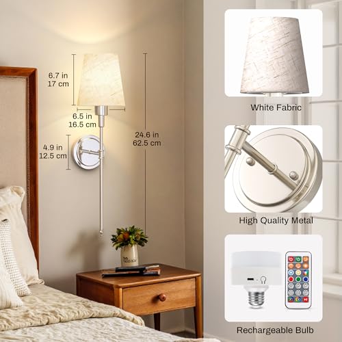 Image of DORESshop Battery Operated Wall Sconce Set of 2, 7 Color Wireless Wall Light Easy to Install, Sconce Wall Decor Set of 2 for Bedroom, Living Room, Fabric Linen Shade, Nickel, 24.6in