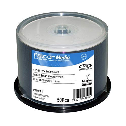Falconmedia Smartguard Glossy White Inkjet Cd-R - 52X, 700Mb/80 Minute, Hub-Printable, Water Resistant - 50 Pack #TOP1