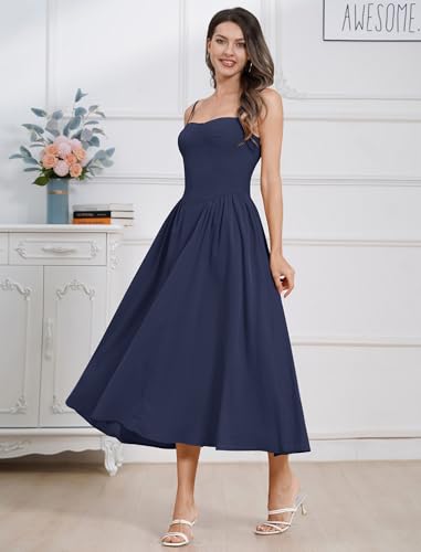 Image of ABEHIK Women Floral Corset Dress Boho Spaghetti Strap Lace Up Casual Midi Dresses with Pockets Low Cut Flowy Bustier Sundress