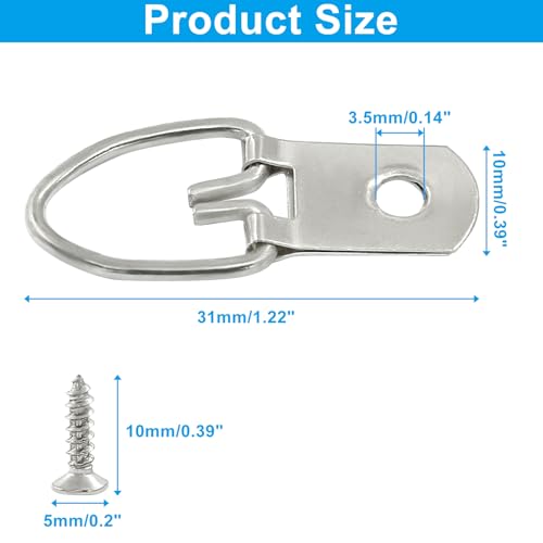 Image of 100 Pcs D Ring Picture Hangers 31mm /1.22 Inch D Ring Picture Hooks 1 Hole Metal Hooks with Screws for Hanging Mirror, Clock, Decoration and Paintings (Silver)