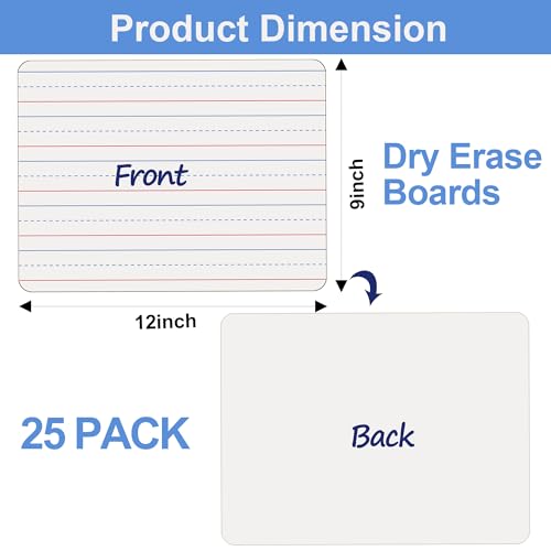 Dry Erase Boards 25 Pack, Double Sided Small Whiteboards with Lines for Kids, Students, Teacher & Classroom Pack, 9\"x12\" Mini Individual White Boards Lined for Writing Math English Practice