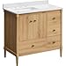 LIKIMIO 36 Inch Bathroom Vanity with Sink and Countertop, Quartz Top with Splash Guard, Ample Storage & Hidden Power Outlet, Wood Tone Gold Handles, Scandinavian Style