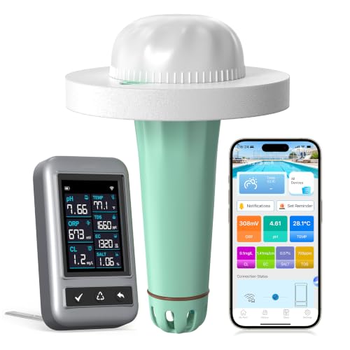 Smart Pool Monitor with App Control, 7-in-1 Digital Pool Water Tester for pH, Chlorine, TDS, EC,...