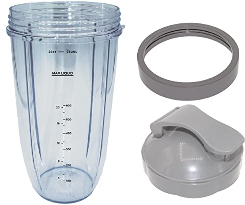 Blendin 32 Ounce Large Cup with Flip Top To-Go Lid and Jar Lip Ring, Compatible with Nutribullet 600W 900W Blender Juicer