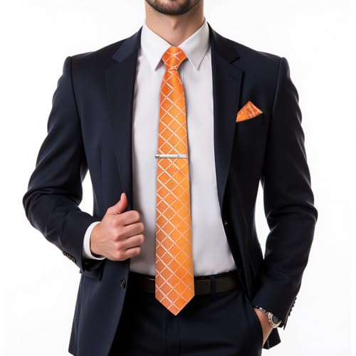 Image of DiBanGu Mens Silk Plaid Tie and Pocket Square Set | Elegant Silk Formal Tie Set, Woven Check Necktie and Cufflinks Tie Clip Set, Perfect for Wedding Party, Comes in Gift Box