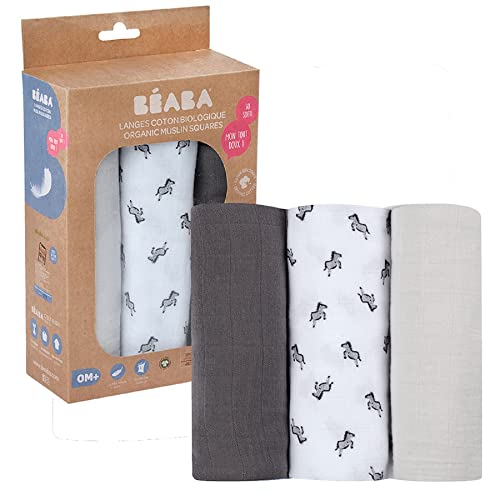 BÉABA, Lot de 3 Langes Bébé, Mousseline de Coton Biologique, Multi-usages : Couverture emmaillotage, Bavoir, Couverture nomade, Doudou, Ultra doux, Respirant, 70x70, Ecologique et Sain, Motif Savane