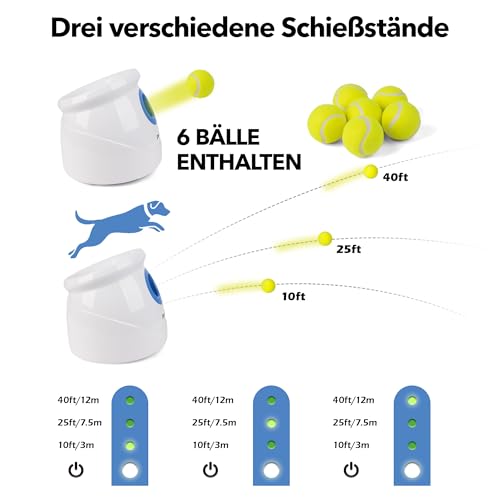 Pet Prime Groß Ballwurfmaschine Hund, Automatischer Ballwerfer für Große Hunde, Wiederaufladbar Ballschleuder 3 Wurfweite zwischen 3-12m, mit Pfeife & 6 Bälle Wurfspiel im Garten und Park (Max)