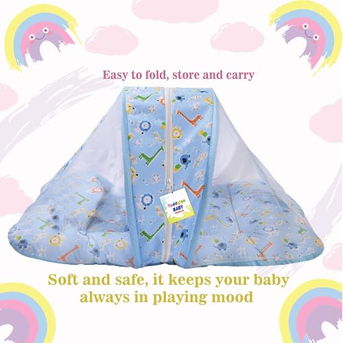 Image of Toddylon Baby Bed New Born Baby Bedding Set | Mattresses | Mosquito Net | Foldable Mattress | Beds | Cotton | Baby Bed with | Infants Boys Girls (0-6 Month) Blue