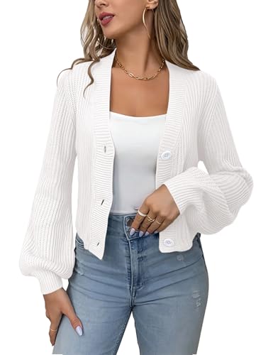 Womens Puff Sleeve Cardigan Long Sleeve Open Front Button Down Knit Sweaters