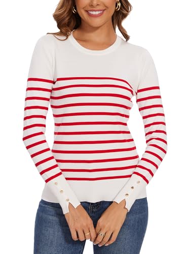 Image of Spicy Sandia Women's Long Sleeve Crewneck Sweaters Dressy Casual | Striped or Solid Available, Classic, Business Casual Tops for Office Work
