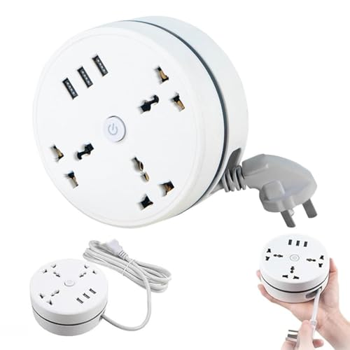 Multiprise Universelle Civiliank, rallonge rétractable à enroulement Droit de 1,8 m/2,8 m avec 5 Prises et 3 Ports USB, Petite Prise de Bureau Portable pour...