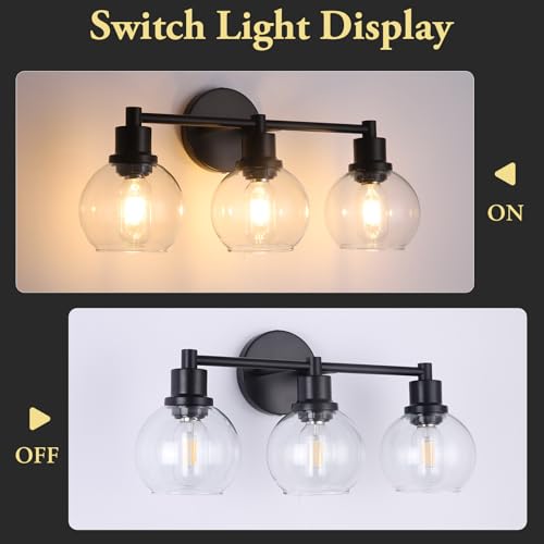 Image of Bathroom Vanity Light 3 Light, Black Bathroom Light Fixtures with Clear Globe Glass Shade, Matted Black Wall Sconce Over Mirror for Kitchen, Living Room