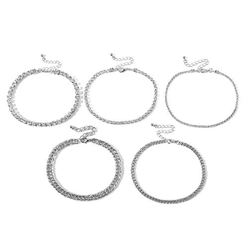 5 Pcs/Set Cuban Chain Rhinestone Anklet Bracelets Punk Chain Tennis Crystal Bracelet Set Gold Plated Multi Layered Stacking Bracelet Extension Chain Link Beach Jewelry Gift for Women Girls - Silver