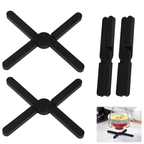 4 Pack Folding Pot Stand Thickened Heat Resistant Silicone Trivets Non-Slip Pot Holders Worktop Protector Silicone Mats Trivets for Kitchen Table Hot Pans Cup Dishes Plates, Black