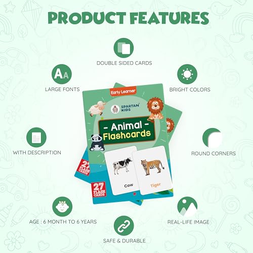 Image of SPARTAN KIDS Animal Flash Cards for Kids | 27 Early Learning Flash Cards for Cognitive Skills | Toys for 2+ Year Old Girl and boy | Gift for Kids 3 Years