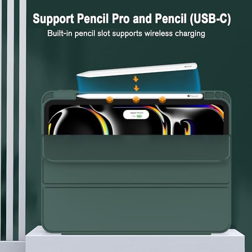 Image of ZryXal New iPad Pro 13 Inch Case (M5) 2025 / (M4) 2024 with Pencil Holder, Smart iPad Case [Support Pencil Pro and Pencil (USB-C)], Support Touch ID and Auto Wake /Sleep (Midnight Green)