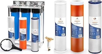 Aquaboon 3-Stage Whole House Water Filter System with 5 Micron 20x4.5 Anti-Scale Reducing Sediment, KDF Heavy Metals and Carbon Chlorine Reduction Water Filter Purification with Replacement Set