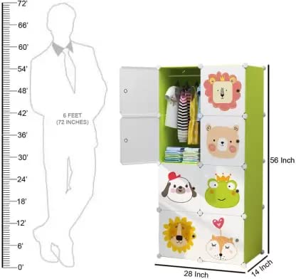 Image of Kids Plastic Collapsible Wardrobe Organizer for Storage | Cute Cartoon Design | Heavy Duty Cloth Organizer for Storage | Easy to Assemble | Perfect for Kids Room & Home (Green)