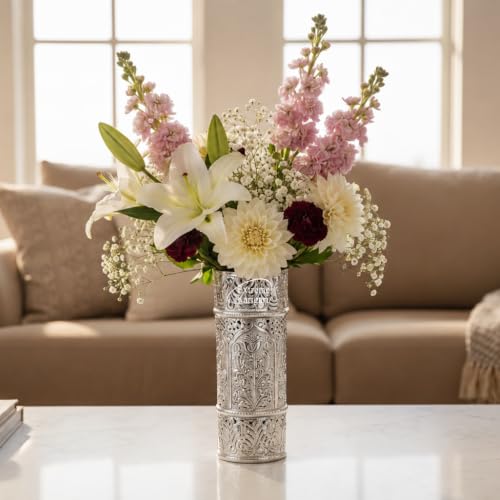 Image of Cylindrical Shape Aluminum Flower Vase for Home Decor, Traditional Embossed Metal Flower Pot for Office Table Decorations,Gift for Festival, 9 inches, German Silver (Large)