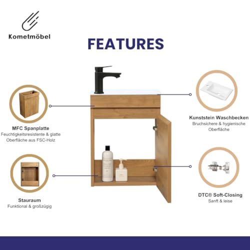 Kometmöbel Gäste-WC Waschtisch Set 40 cm Vormontiert Klein Waschbecken mit Unterschrank (Eiche 40cm, Ohne Wasserhahn)