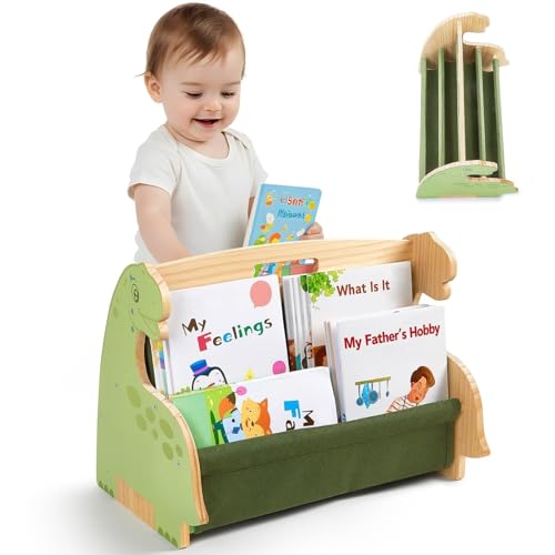 Image of SheSeek Toddler Bookshelf Double-Sided with 4 Tier Deep Sleeves Kids Wooden Montessori Book Rack for Baby Nursery Room, Playroom, Classroom or Bedroom Bookcase Storage Organizer, Green Dinosaur