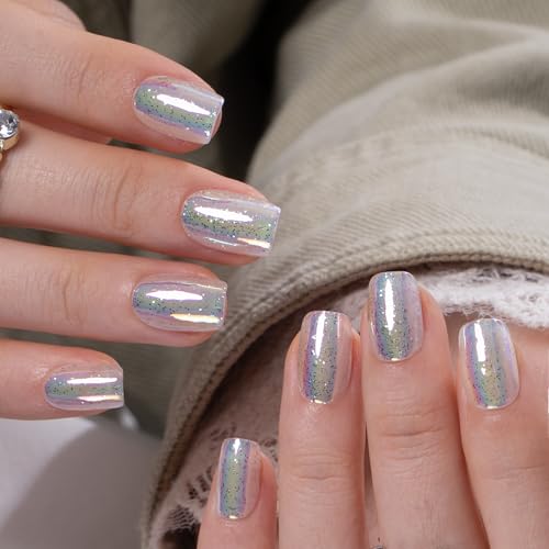 Image of CurvLife Soft Gel Squoval Press-On Nails Short, Reusable Fake Nails with Glue & Adhesive Tabs, 30PCS Salon-Quality Stick-On Nails for At-Home Manicure (Fairy Frost)