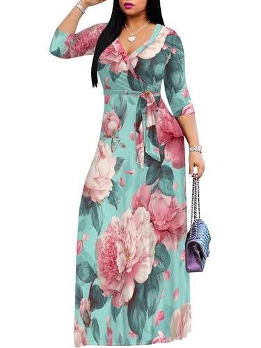 Image of SUZONANA Plus Size Dresses for Women Floral Print Maxi Dress Flowy 3 /4 Sleeve with Belt