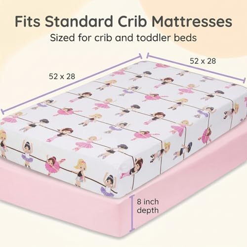 Image of Everyday Kids 2 Pack Fitted Girls Crib Sheet, 100% Soft Breathable Microfiber Baby Sheet, Fits Standard Size Crib Mattress 28in x 52in, Nursery Sheet - Ballerina /Pink