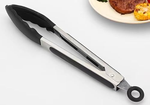 Küchenzange,Edelstahl Grillzange mit Silikon Spitzen Hitzebeständige Kochzange Fleischzange Schwarze Silikonzangen – Bild 4