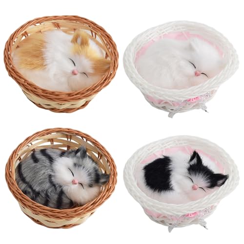 Mini chat réaliste jouet à main 5x2 pouces chaton endormi en panier tissé pour enfant