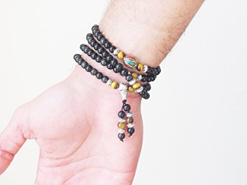 Image of Mala Beads Stretch Bracelet Black Obsidian & Tiger Stone, Buddhist Prayer Beads, Yoga Bracelets, Wear for Daily Meditation & Spiritual Growth, 6mm Meditation Beads, Unisex