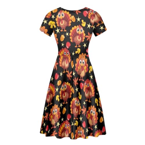 Image of Forchrinse Women's Thanksgiving Dress for Women Turkey Print Short Sleeve Crew Neck Dress Fall Midi Dress Casual Sundress Holiday Party Clothing