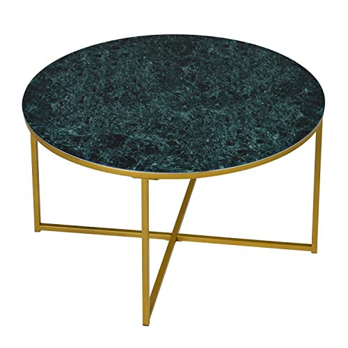 MEUBLE COSY Tables Basses Ronde Aspect Marbre Bout de Canapé Rétro en Verre Metal, Vert et Or, 80x80x45cm Cover
