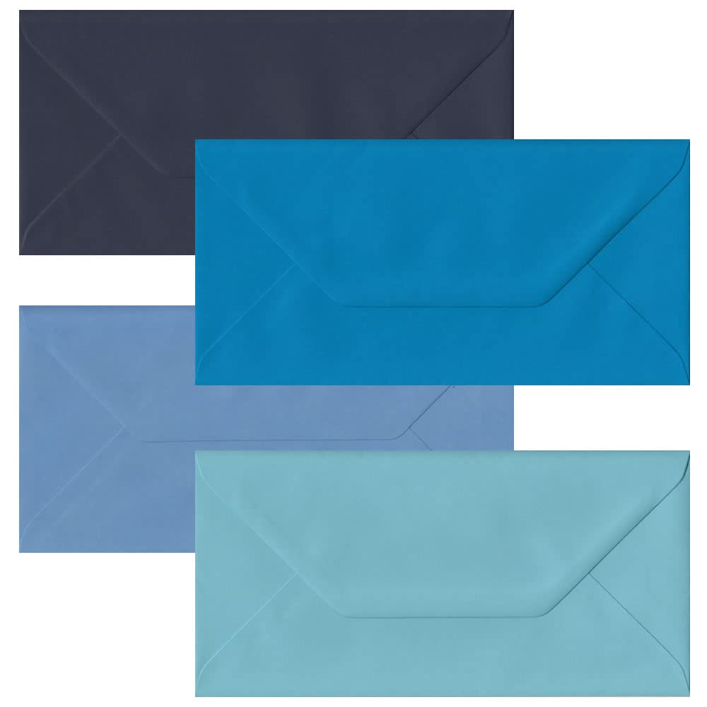 100 DL Blue Colour Envelopes. 4 Blue Shades of DL Gummed Blue Envelopes.
