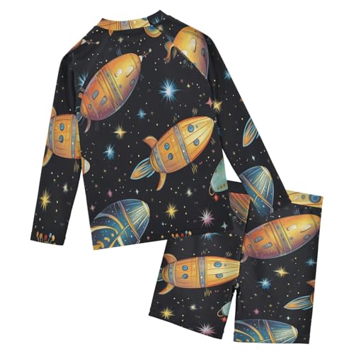 Space Airship Star Boys Swimsuit Rash Guard Toddler Kids Long Sleeve Swim Shirt and Trunks Swimwear Set 3-10Y2