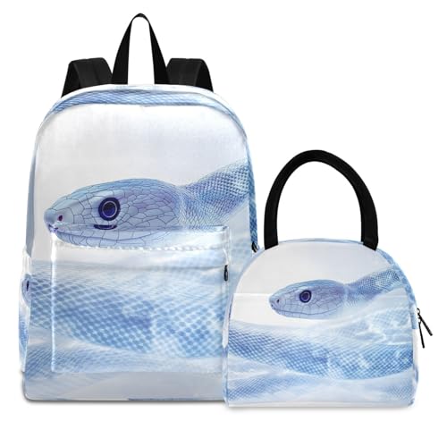 Backpack Lunch Bag Set Art Snake Print, Big Storage Travel Backpacks with Insulated Lunch Box for Office Hiking Picnic