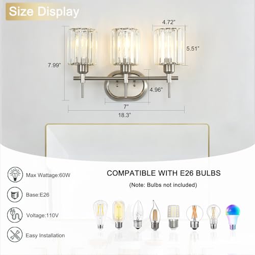 Image of Crystal Bathroom Vanity Light, Brushed Nickel Bathroom Lighting Fixtures, 3-Light Modern Wall Sconces with Crystal Clear Shades for Bedroom Living Room