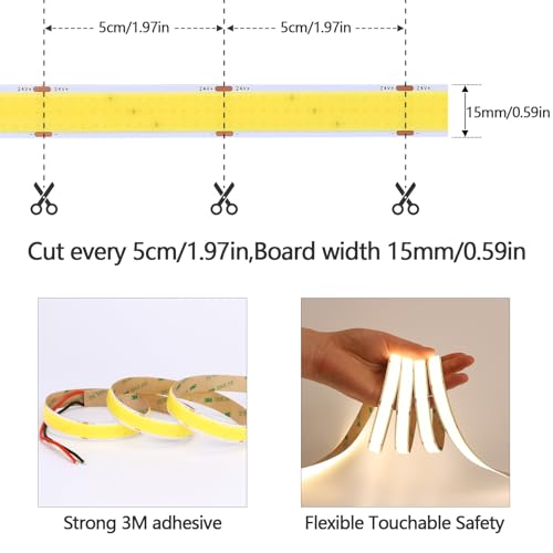 Image of GOMING 24V 15mm Width COB LED Strip Natural White 4000K 960LED /M 16.4ft(5M) 120W High Brightness 13750lm CRI 93+ Big Luminous Surface IP20 Not Waterproof LED Tape Lights for DIY Decor(No Power Supply)