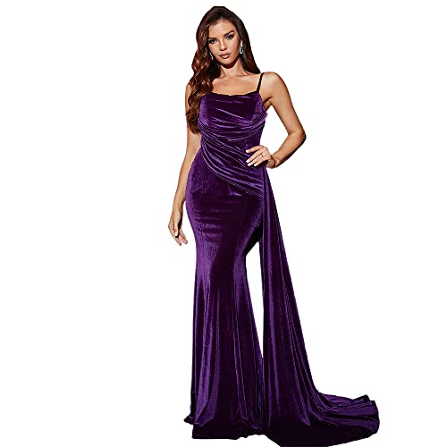 Amazon.com: Miss ord Women's Formal Velvet Spaghetti Strap Prom Maxi  Mermaid Dress, Sleeveless Ruched Evening Gown Purple : Clothing, Shoes &  Jewelry