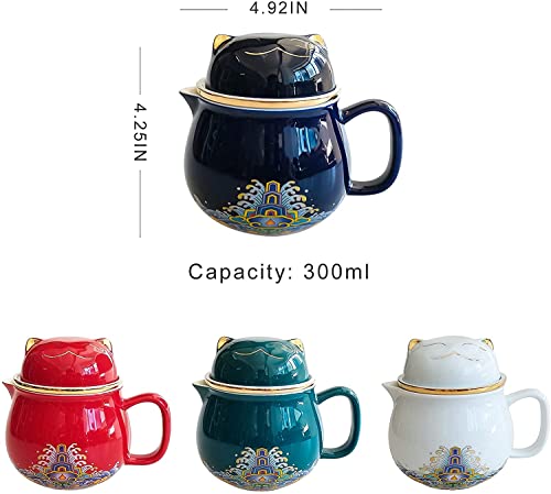 Portable Ceramic Tea Cup Set, Lucky Cat Ceramic Teapot Set With Handle, Tea Strainer, Lid And 1 Shockproof Storage Box For Travel, Outdoor And Office. (blue)