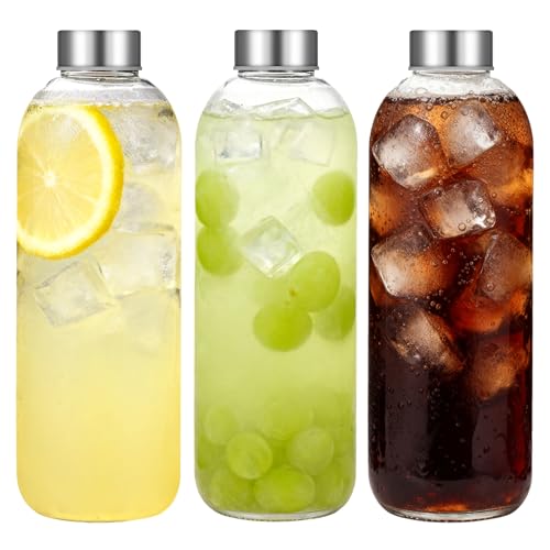 Glass Water Bottle 1000ML - 3 Pack Empty Glass Bottles with Lids - Leak Proof Airtight Wide Mouth Stainless Steel Lids Reusable Drinking Bottles for Juice Milk Water Smoothies & Storage